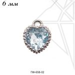 Подвески сердечки с ГОЛУБЫМИ фианитами 6 мм (родий)