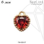 Подвески сердечки с КРАСНЫМИ фианитами 6 мм (золото)