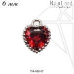 Подвески сердечки с КРАСНЫМИ фианитами 6 мм (родий)