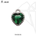 Подвески сердечки с ЗЕЛЕНЫМИ фианитами 6 мм (родий)