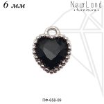 Подвески сердечки с ЧЕРНЫМИ фианитами 6 мм (родий)