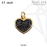 Подвеска сердце с черными фианитами 11 мм (золото)