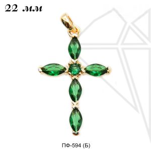 Подвеска крест с зелеными фианитами 22 мм (золото)