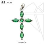 Подвеска крест с зелеными фианитами 22 мм (родий)