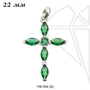 Подвеска крест с зелеными фианитами 22 мм (родий)