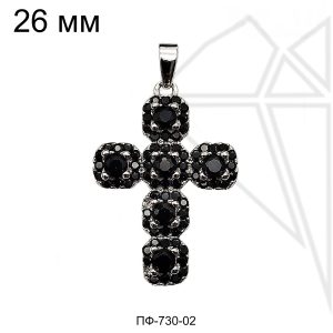 Подвеска крест с черными фианитами 26 мм (родий)
