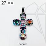 Подвеска крест с разноцветными фианитами 27 мм (родий)