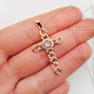Подвеска крестик цепочка с белыми фианитами 32 мм (золото)