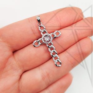 Подвеска крестик цепочка с белыми фианитами 32 мм (родий)
