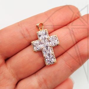 Подвеска крестик с квадратными фианитами 23 мм (золото)