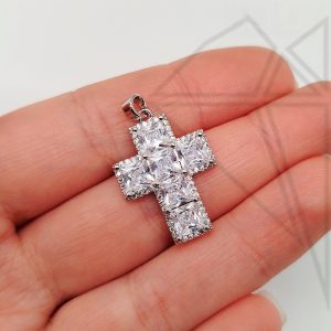 Подвеска крестик с квадратными фианитами 23 мм (родий)