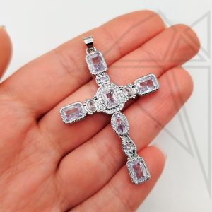 Подвеска крест Дольче с белыми фианитами 48 мм (родий)