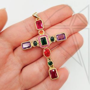Подвеска крест Дольче с разноцветными фианитами 48 мм (золото)