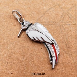 Подвеска птица с белой эмалью 31 мм (родий)