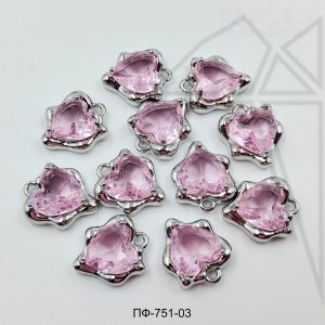 Подвеска сердце с розовым фианитом 12 мм 10 шт (родий)