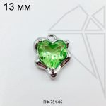 Подвеска сердце с зеленым фианитом 12 мм (родий)