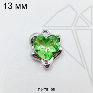 Подвеска сердце с зеленым фианитом 12 мм (родий)