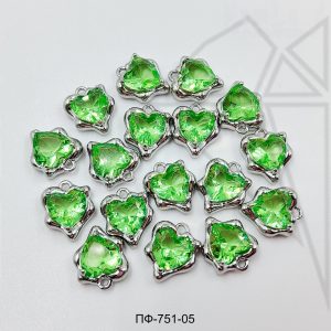 Подвеска сердце с зеленым фианитом 12 мм 10 шт (родий)
