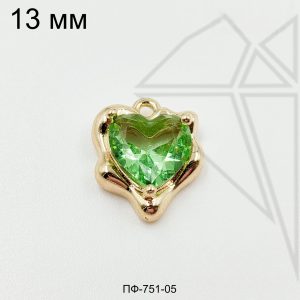 Подвеска сердце с зеленым фианитом 12 мм (золото)