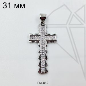 Подвеска крест с фианитами 28 мм (родий)