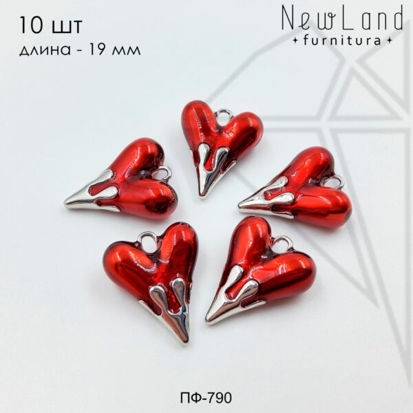 Подвеска сердце красное 19 мм 10 шт (родий)