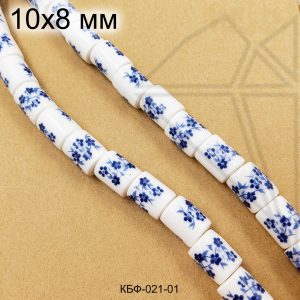 Керамическая бусина белая цилиндр гжель синяя 10х8 мм 1/2 нити