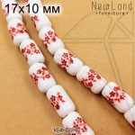 Керамическая бусина белая бочка гжель красная 17х10 мм 1/2 нити