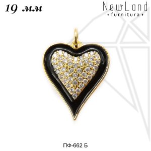 Подвеска сердце с черной эмалью и фианитами 19 мм (золото)