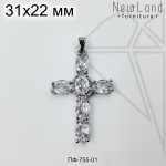 Подвеска крестик с белыми фианитами 31 мм (родий)