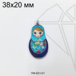 Подвеска матрешка синяя 38 мм (родий)
