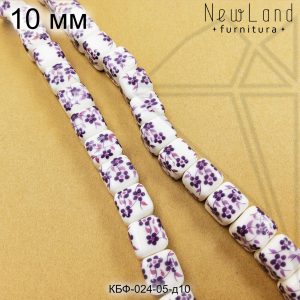 Керамическая бусина белая куб гжель фиолетовая 10 мм 1/2 нити