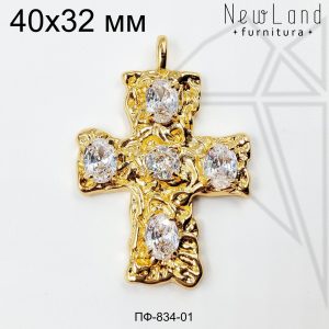 Подвеска крест с прозрачными фианитами 40 мм (золото)