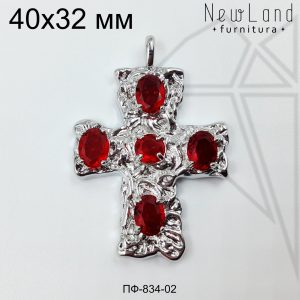 Подвеска крест с красными фианитами 40 мм (родий)