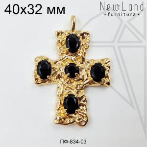 Подвеска крест с черными фианитами 40 мм (золото)