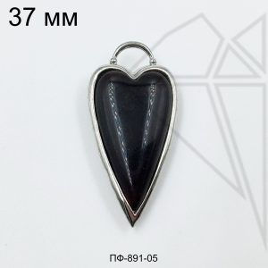 Подвеска сердце из агата черного 37 мм (родий)