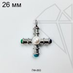 Подвеска крест с жемчугом и камнями 26 мм (родий)
