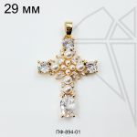 Подвеска крест с жемчугом и фианитами 29 мм (золото)
