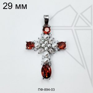 Подвеска крест с жемчугом и красными фианитами 29 мм (родий)
