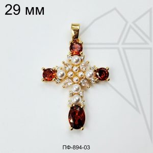 Подвеска крест с жемчугом и красными фианитами 29 мм (золото)