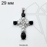 Подвеска крест с жемчугом и черными фианитами 29 мм (родий)