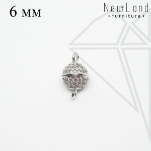 Замок магнитный круглый с фианитами 6 мм (родий)