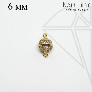 Замок магнитный круглый с фианитами 6 мм (золото)
