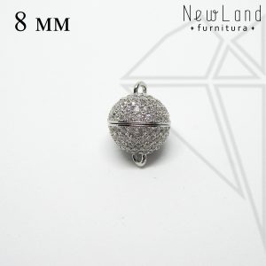 Замок магнитный круглый с фианитами 8 мм (родий)